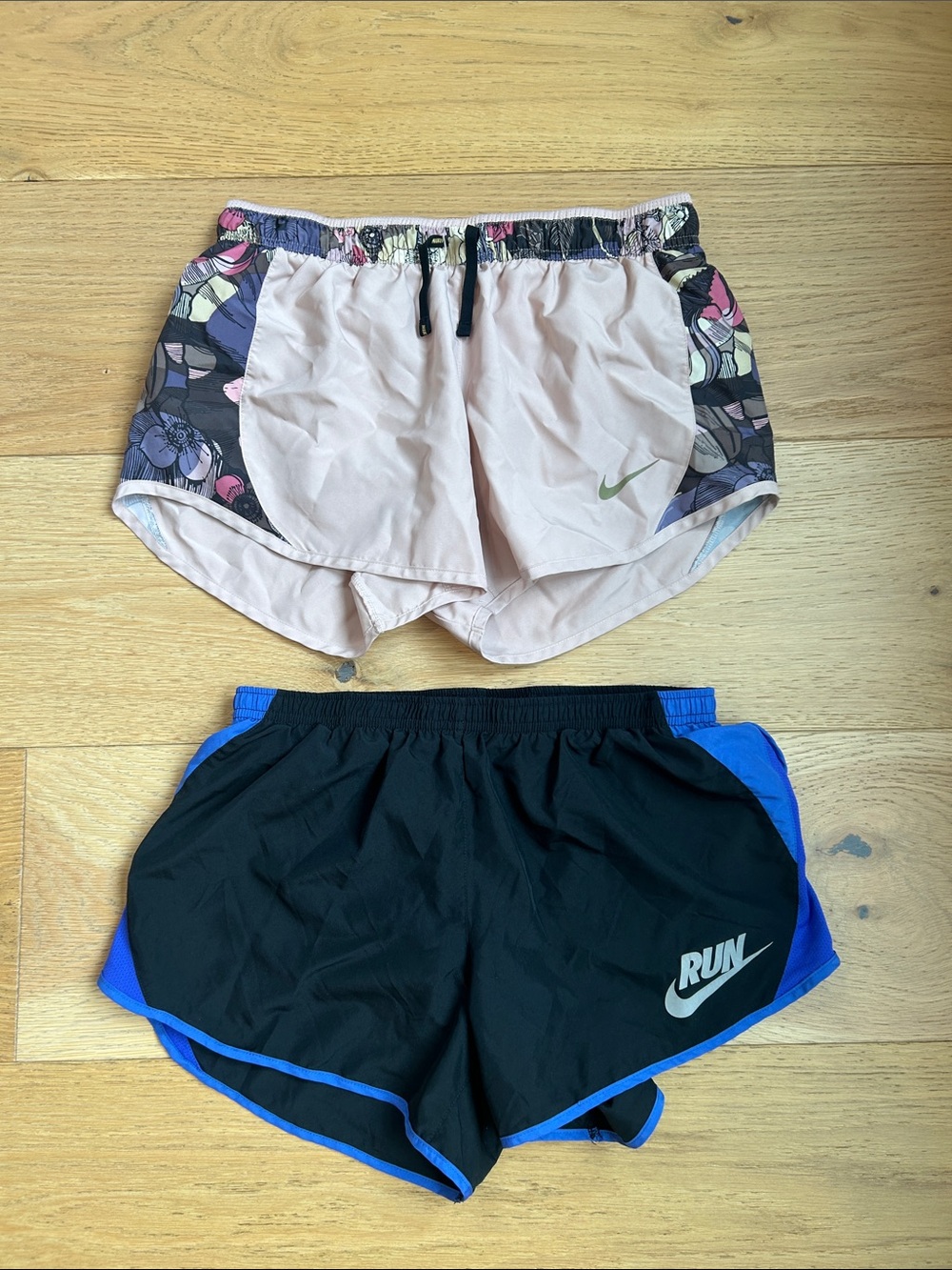 Nike Pink Floral-Panel & Black Blue Trim Running Shorts (Medium)
